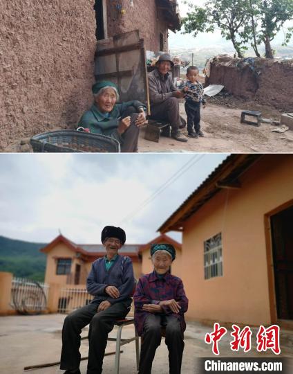 上圖為甲甲溝村村民羅木你坡夫婦所住的舊房，下圖為夫婦倆遷入的新居。(拼版圖) 張浪 攝